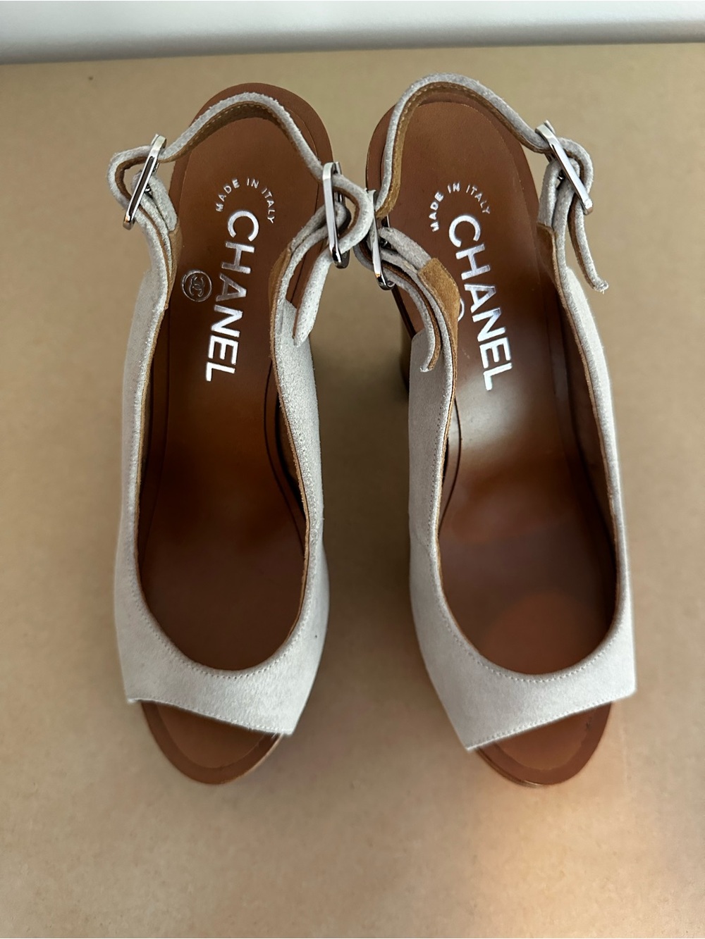 CHANEL Beige Suede Open-Toe Slingback Heels